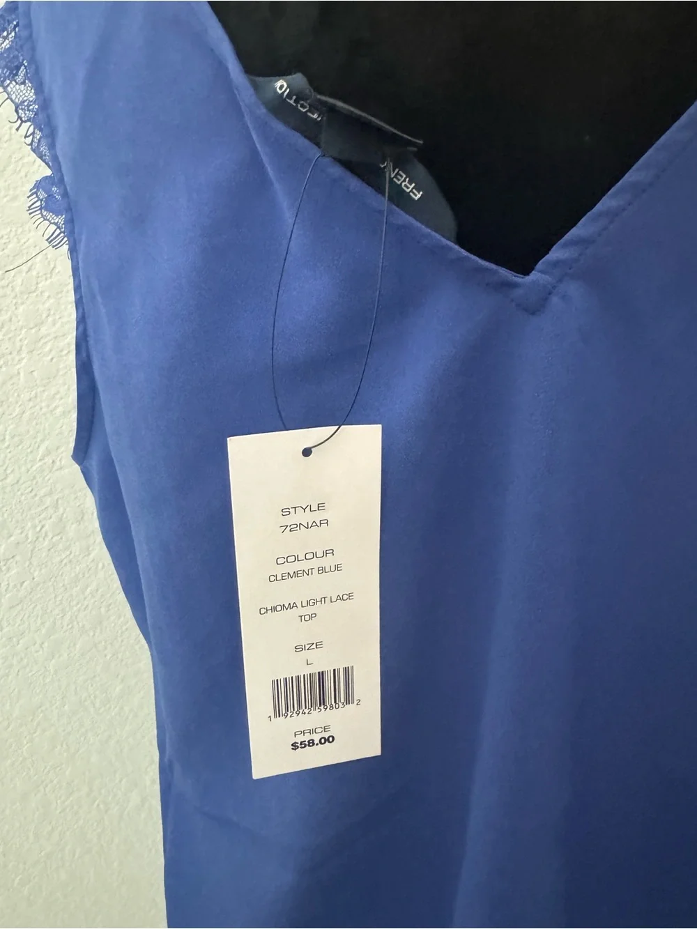 NWT French Connection Cobalt Blue Lace Trim Sleeveless V-Neck Top size Large